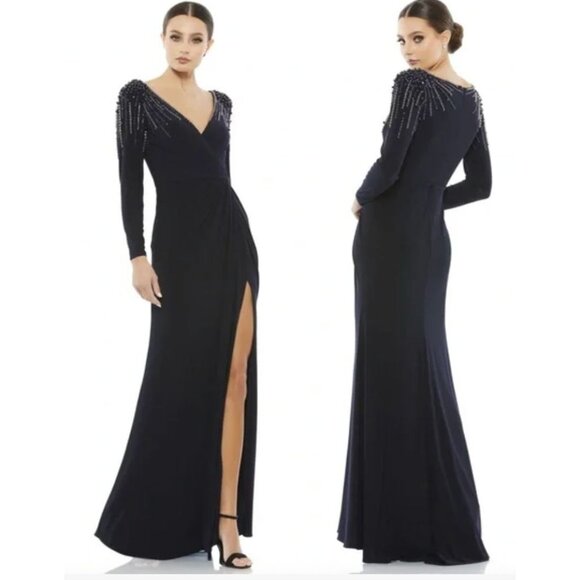 IEENA for MAC DUGGAL Women Long Sleeve Faux Wrap Jersey Gown Navy Embellished Dr - Picture 1 of 6